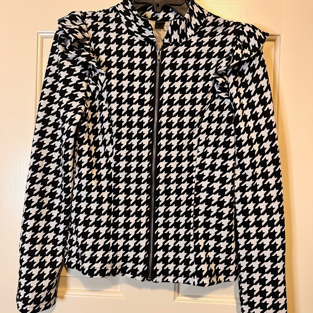 SHEIN Black and White Houndstooth Zip-Front Jacket